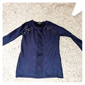 Blue sweater with gold lace up accents